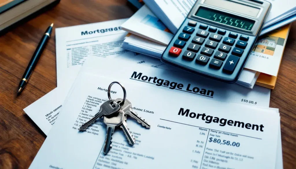 Mortgage loan paperwork with house keys and calculator
