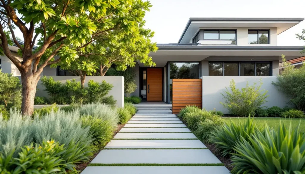 Modern Australian home with landscaped garden pathway