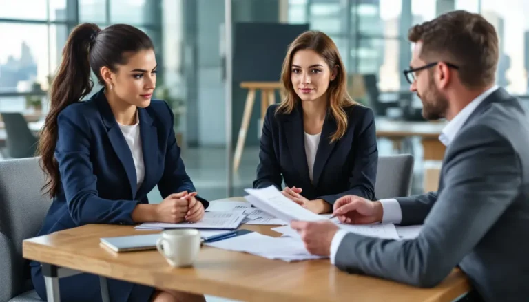 Business professionals discussing loan options in an office meeting.