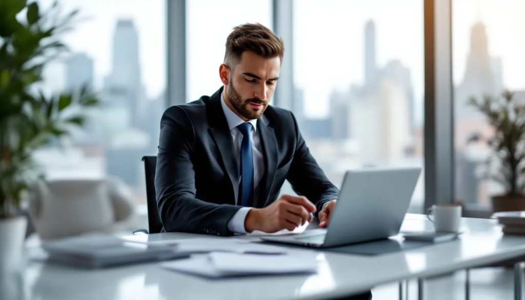 A professional mortgage broker working on a laptop in a modern office, reviewing home loan options for clients.