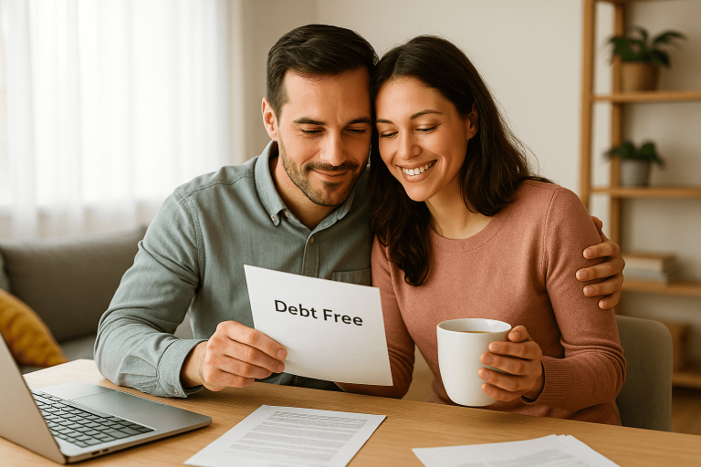 Smiling couple enjoying coffee while reviewing financial progress, experiencing the emotional and financial benefits of reducing credit card debt.