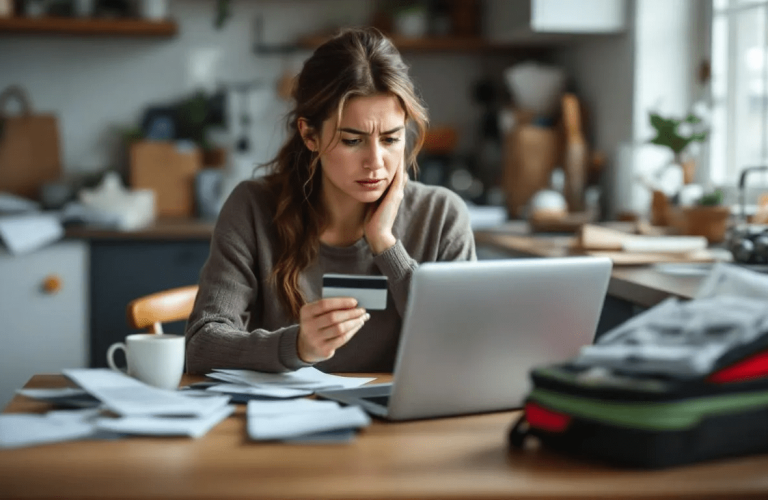 Woman reviewing online purchases with credit card in hand, surrounded by shopping bags and receipts — highlighting common causes of credit card debt.