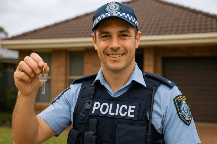Australian police officer holding a house key, symbolising homeownership success through a tailored home loan.
