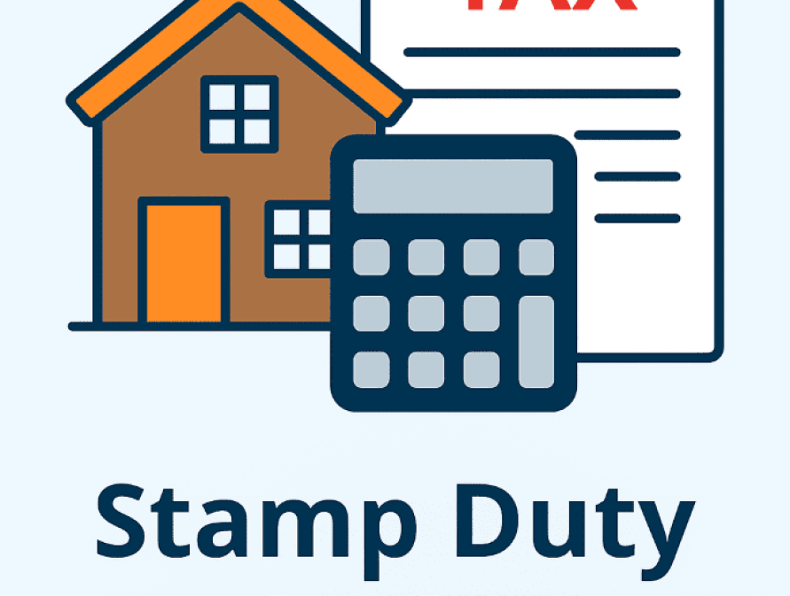 Stamp duty calculator graphic showing house document with dollar signs and state map icons.